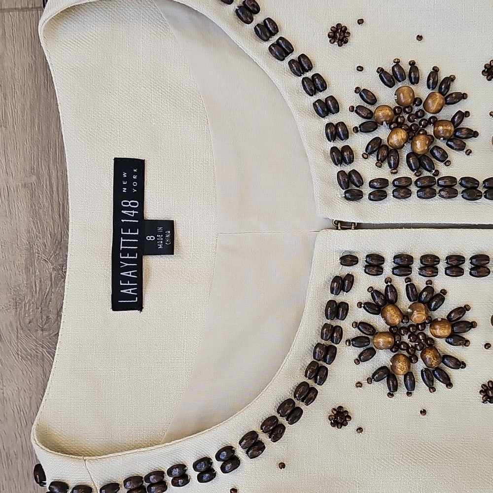 Lafayette 148 Linen Embellished Wood Beaded Cream Jacket Size 8 - Picture 2 of 8
